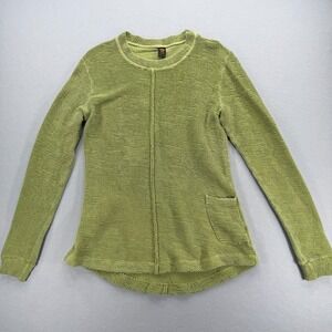 Ojai M Avocado Green Textured Sweater Raw Center Seam 100% Cotton Artsy Comfort